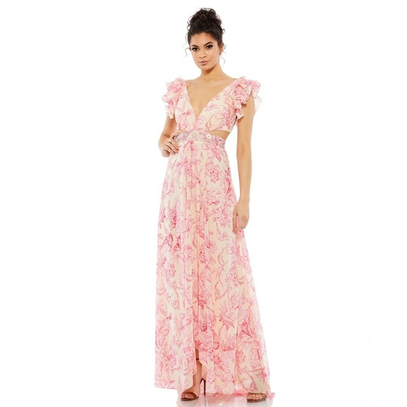 Mac Duggal Anthropologie Floral Printed Ruffle Shoulder Lace Up Gown size 2. - Picture 10 of 17